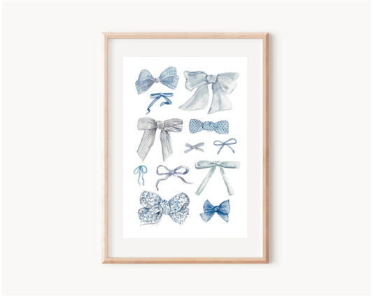 Blue Bows Print - Bow Trend, Coquette, Watercolor Print